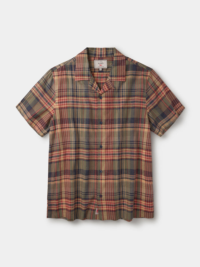 Aubin Khaki Check Abbots Cuban Collar Shirt | Short Sleeve Shirt