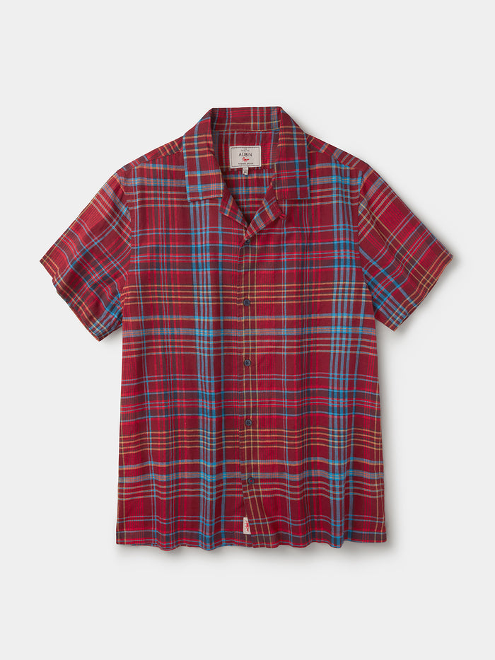 Aubin Red Check Abbots Cuban Collar Shirt | Short Sleeve Shirt
