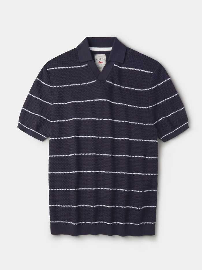 Aubin Navy/Ecru Stripe Alford Textured Polo | Knitted Polo