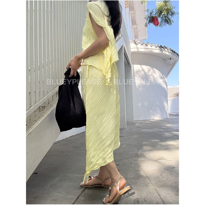 BLUE Y Japanese irregular pleated artistic pleated top and skirt set image 1