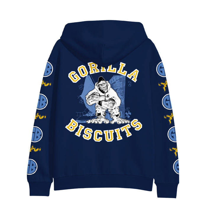 Navy blue Gorilla Biscuits hoodie featuring GORILLA BISCUITS text and a gorilla graphic on the back. Blue circular GB logos and yellow writing run down the sleeves.