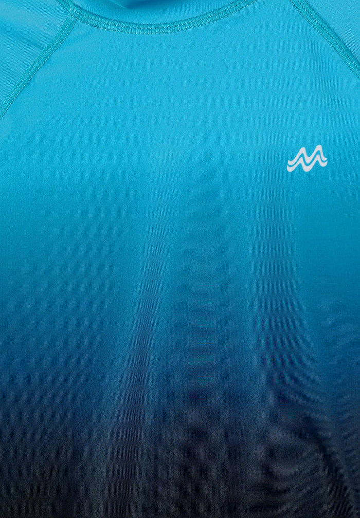 Detail of ombre blue rash vest with logo, designed for boys aged 3 to 14.