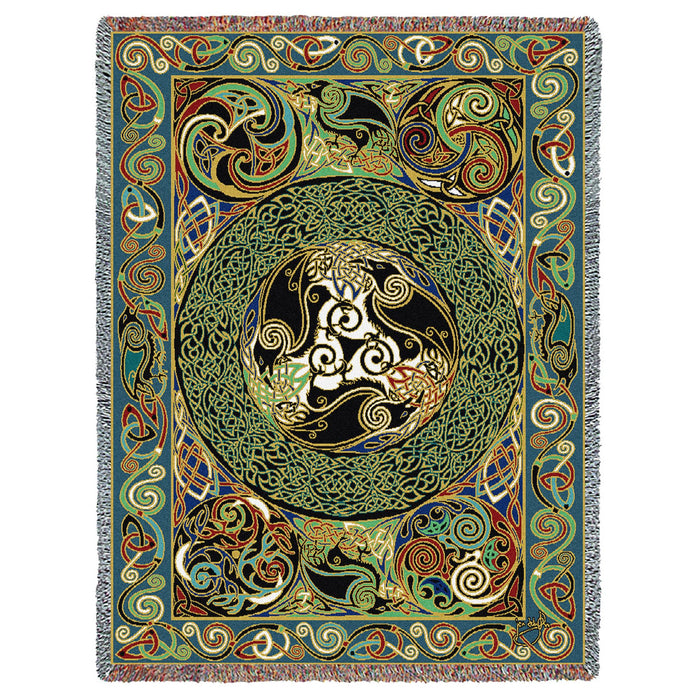 Celtic Ravens Panel Cotton Woven Blanket Throw by Jen Delyth