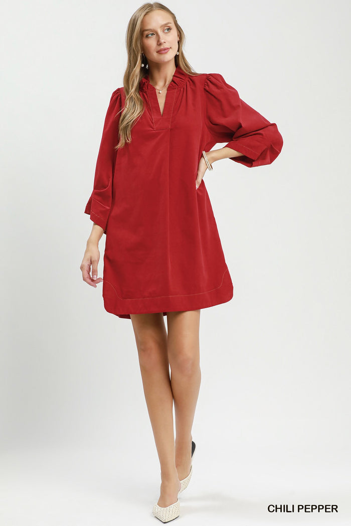 Corduroy 3/4 Sleeve V-Neck Shift Dress