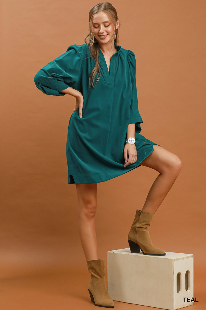 Corduroy 3/4 Sleeve V-Neck Shift Dress