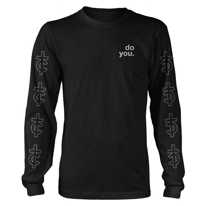The Tyler Carter black long-sleeve shirt features “do you.” in white on the left chest, with both sleeves displaying vertical rows of white, stylized cross-like symbols.