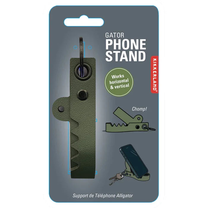 Gator phone stand packaging with Kikkerland branding on a gray background
