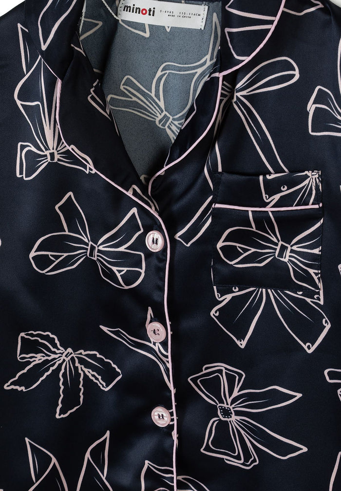 Satin Pyjama Set, Bow Print, Navy - 6