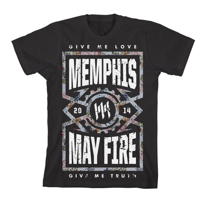 Black Memphis May Fire T-shirt with the band name in bold white letters, “2014,” “Give Me Love,” and “Give Me Truth” text, plus a subtle floral frame around the design.