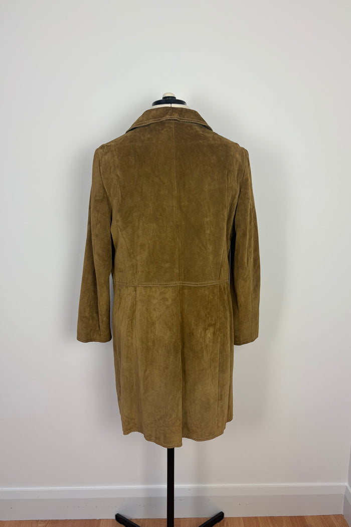 Golden Buckle Tan Suede Leather Midi Coat