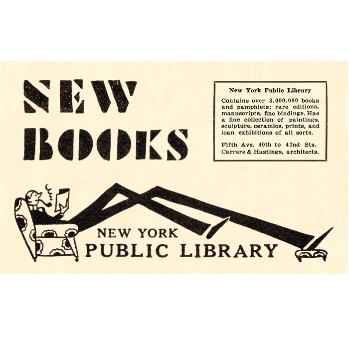 Advertisement for New York Public Library with text and graphics on a beige background