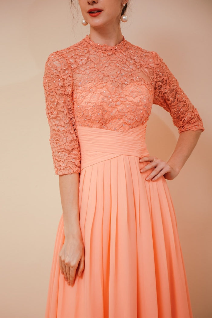 High Neck Mauve Lace and Chiffon Long Mother of the Bride Dress