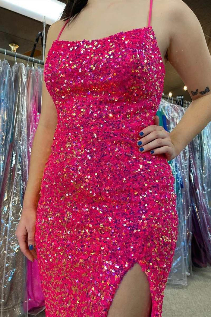 Hot Pink Sequin Lace-Up Back Mermaid Long Formal Dress with Slit