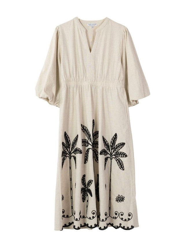 Linen Puff Sleeve Midi Dress