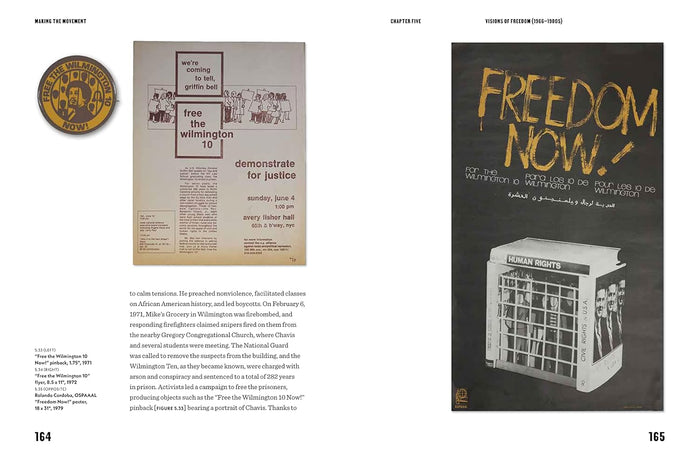 Page from a book or magazine featuring historical posters and text on civil rights movement.