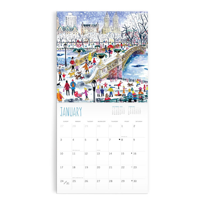 A vertical January wall calendar page featuring a colorful winter park illustration at the top and a grid of dates below on a white page, shown against a light gray background.