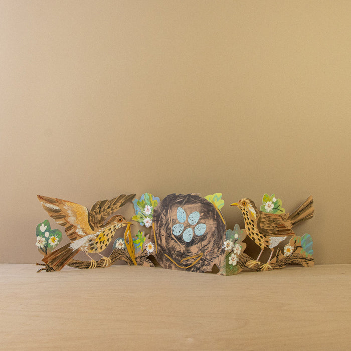 The reverse side of the fully opened three-panel die-cut card, featuring two illustrated songbirds alongside a central nest filled with blue speckled eggs.
