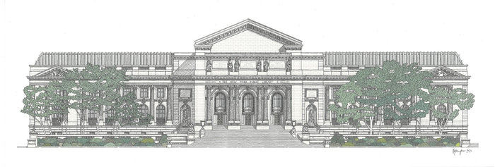 Architectural drawing of NYPL's flagship building with columns and trees