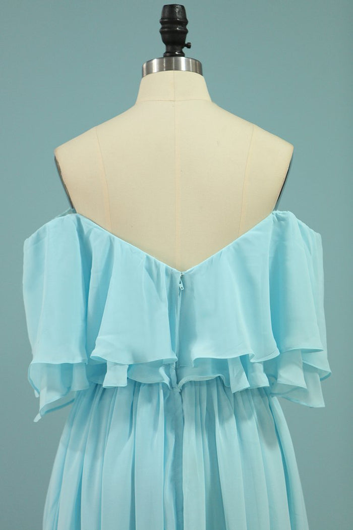 Off the Shoulder Blue Flounce Chiffon Long Bridesmaid Dress