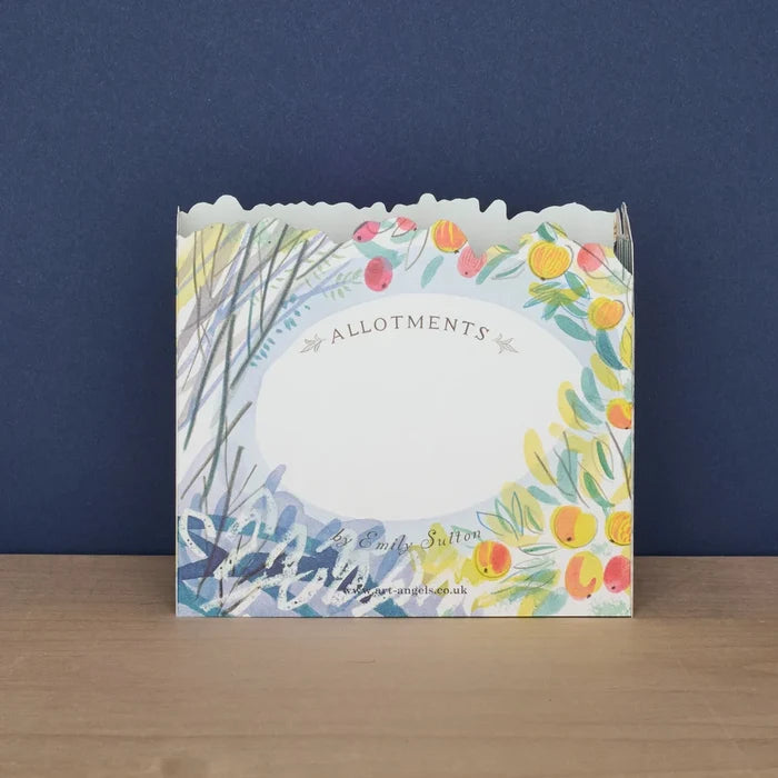 The reverse side of the die-cut card featuring a blank white oval space titled "ALLOTMENTS by Emily Sutton," surrounded by a soft watercolor floral border for writing a message.