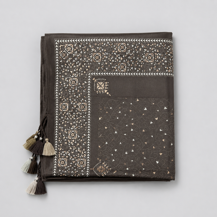 Pewter Block Print Brown Silk Scarf with Taslles