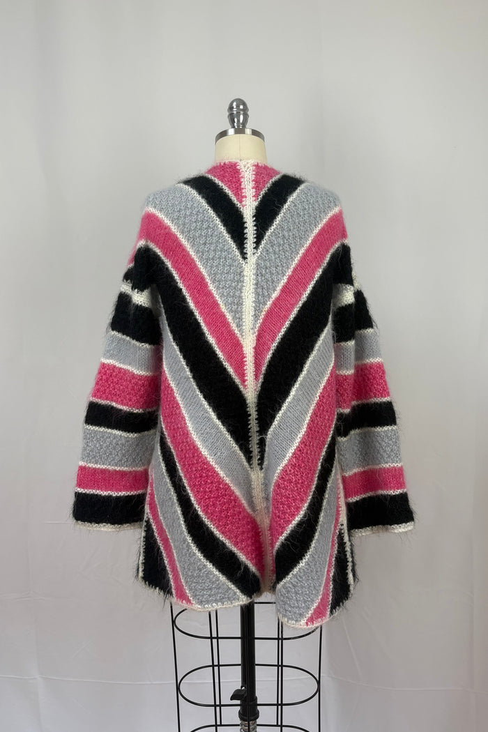 Pink Black & Grey button neck hand knitted swing cardigan