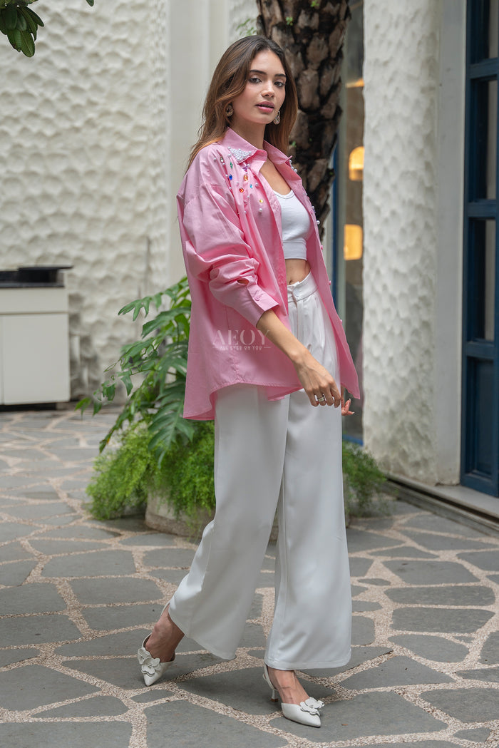 Stylish pearl embellished pink top