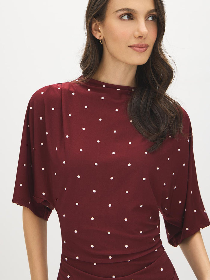 Zinfandel Polka Dot Funnel Neck Top with Kimono Sleeves - Close-up Fabric Detail - Suzy Shier