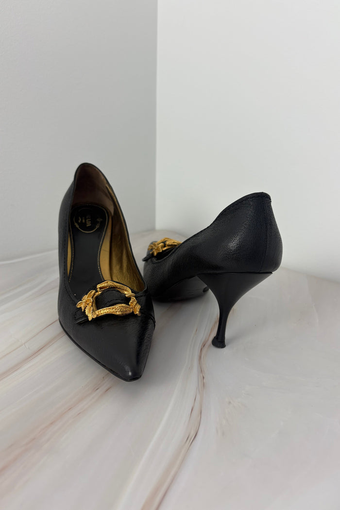 Prada Noir Gold Emblem Pumps