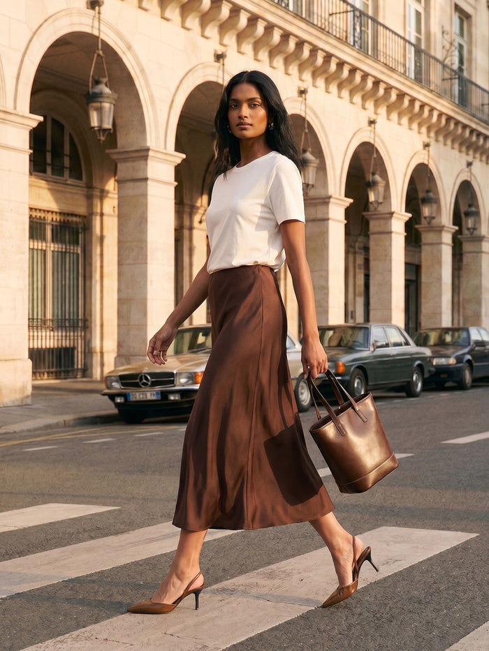 Milk Chocolate Satin Bias-Cut Pull-On Skirt - Suzy Shier