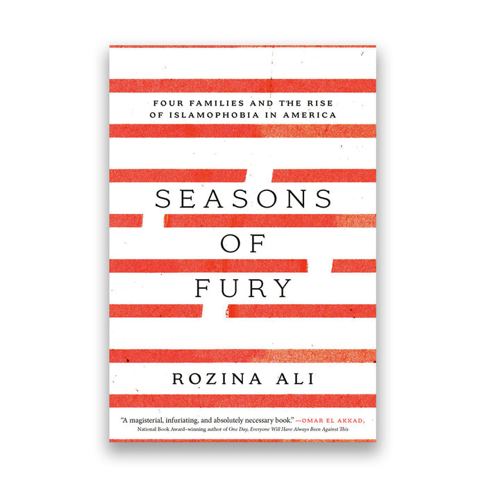 Book cover of 'Seasons of Fury' by Rozina Ali, featuring a white background with horizontal coral-red textured stripes and black text.