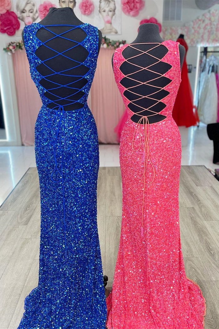 Squines Mermaid V Neckline Lace-Up Back Slit Long Prom Dress