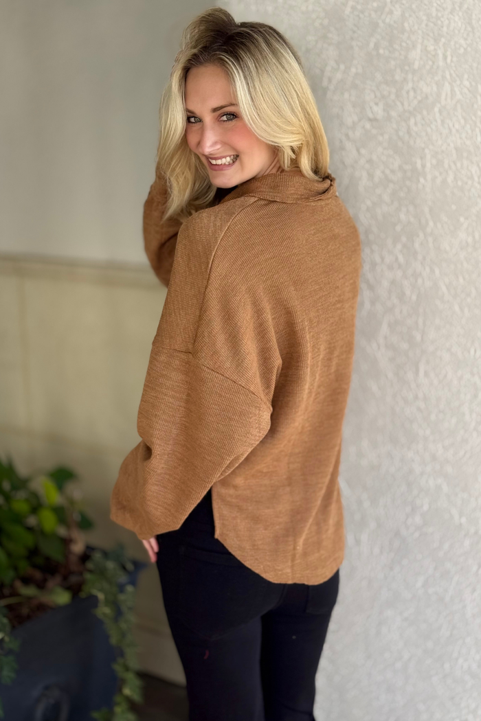 The Carmel Ridge Raw Edge Collared Knit Top