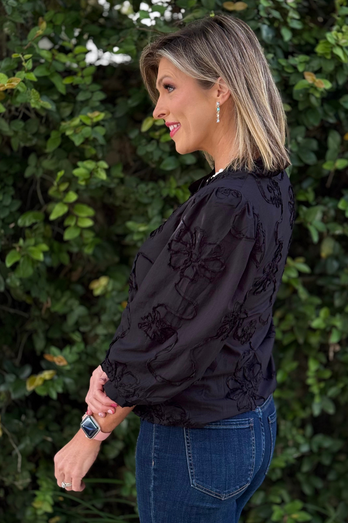 The Marlowe Textured Floral Button Top in Black