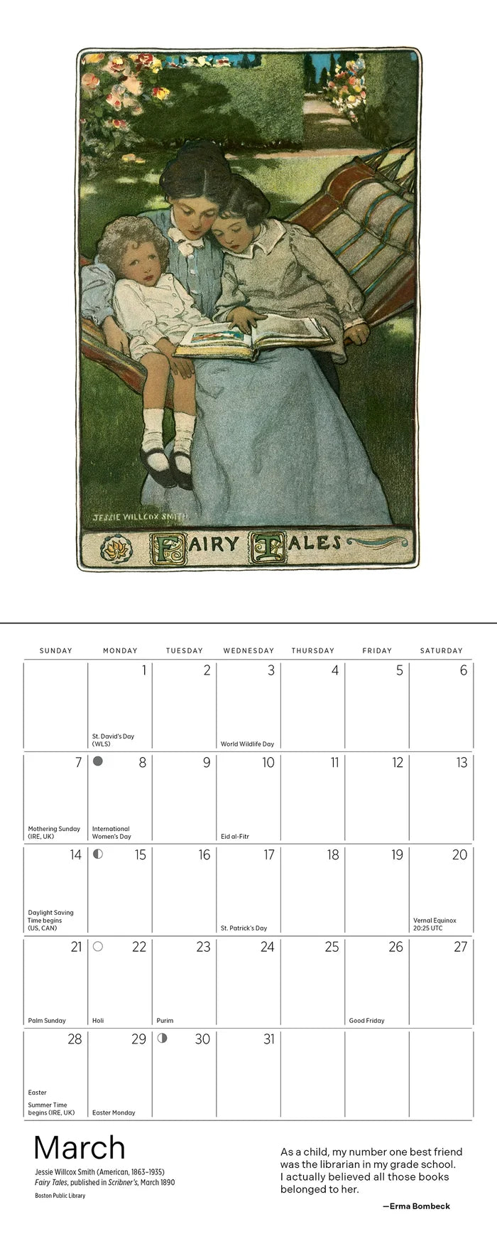 Calendar page with illustration of a woman and child reading a book, featuring the text 'Fairy Tales'.