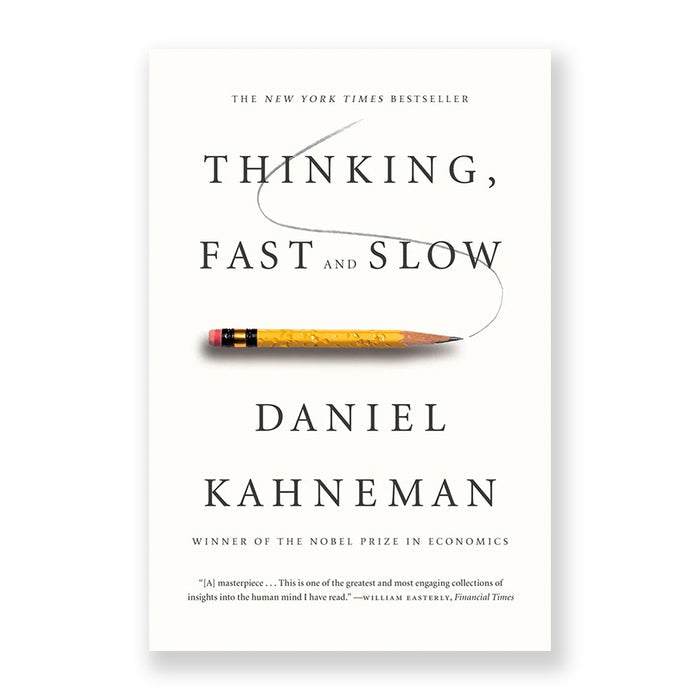 Book cover of 'Thinking, Fast and Slow' by Daniel Kahneman with a pencil on a white background