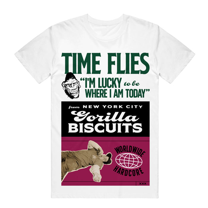 A white Gorilla Biscuits t-shirt with a gorilla face, TIME FLIES IM LUCKY TO BE WHERE I AM TODAY, and New York City Gorilla Biscuits Worldwide Hardcore text, plus a biscuit and globe graphic.