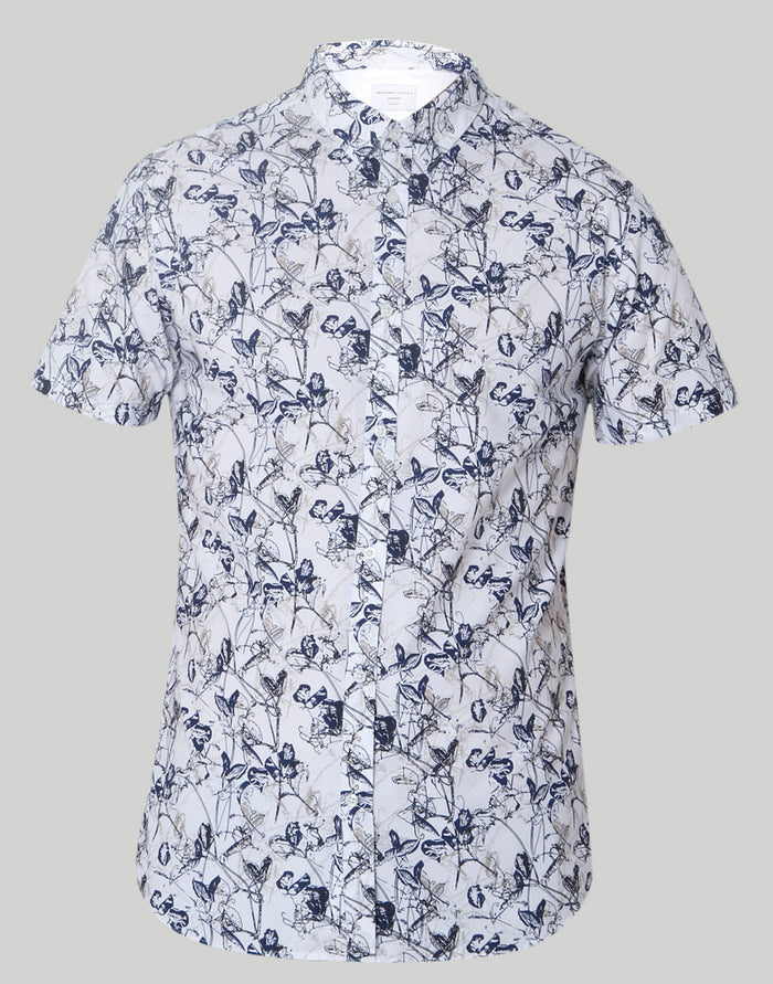 White Floral Print Short Sleeves Shirt