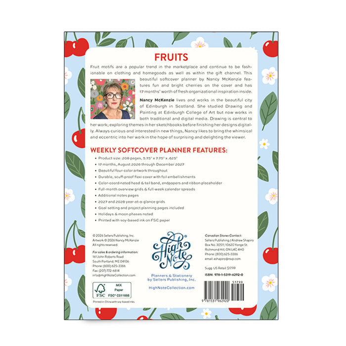 Back cover of a Fruit of the Loom weekly planner pad, featuring a light blue background decorated with red cherries, green leaves, and white flowers. The center contains product details, a small photo of Nancy McKenna, and branding logos for Fruit of the Loom and Planners & Supply Co.