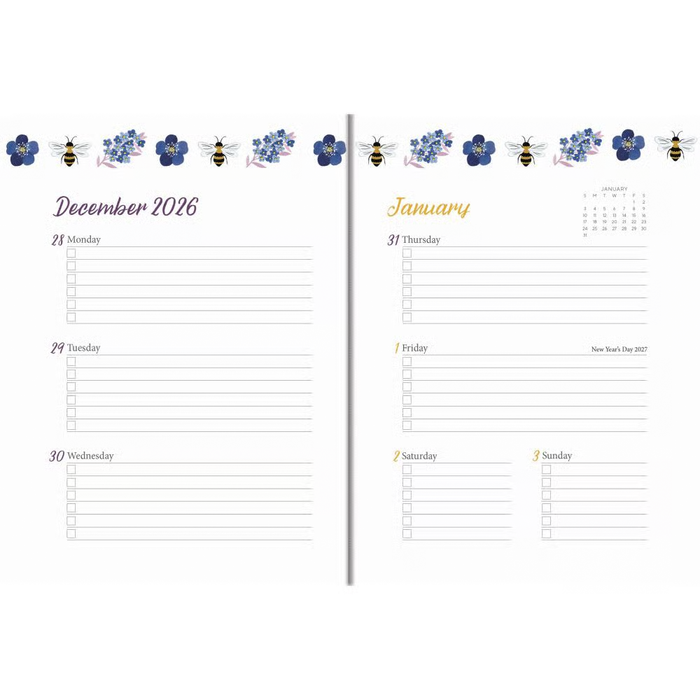 An open planner or calendar spread showing December 2026 on the left page and January on the right page, with blue flowers and bumblebee illustrations along the top and weekly layout lines below.