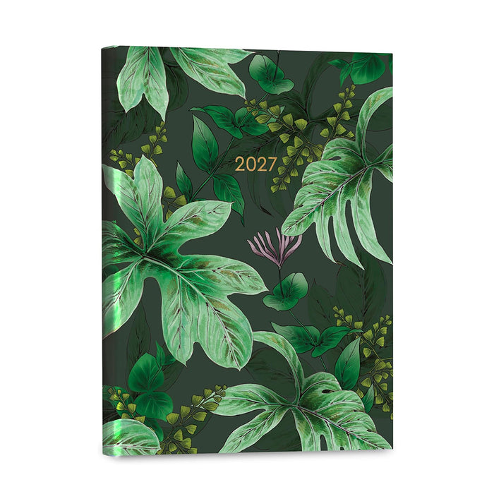 A 2027 planner with a dark green tropical leaf pattern, featuring metallic green monstera leaves, gold foil accents, and a gold '2027' text on the cover, shown against a plain white background.