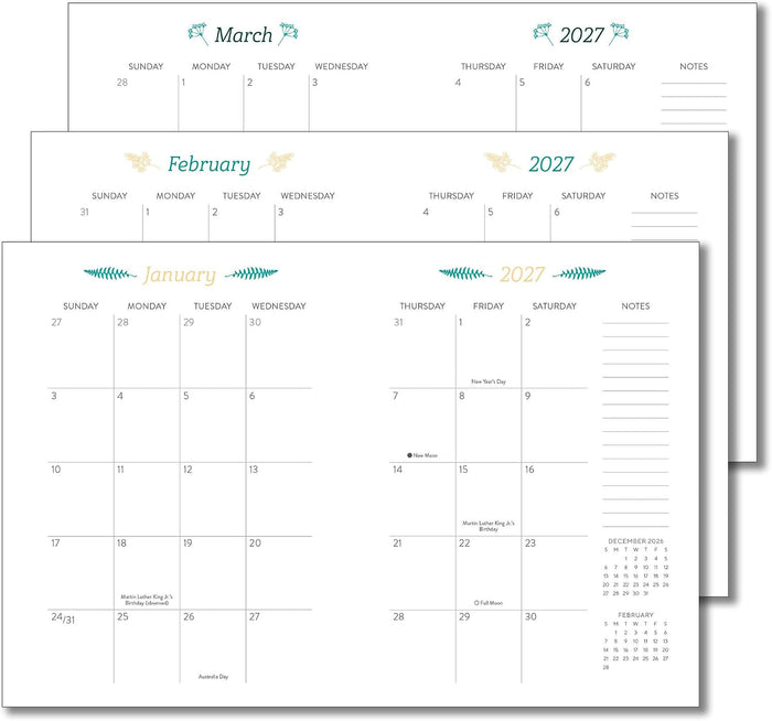 Three overlapping monthly calendar pages for January, February, and March 2027, shown on a plain white background. The pages are mostly white with light blue and teal decorative headers and black printed text and grid lines.
