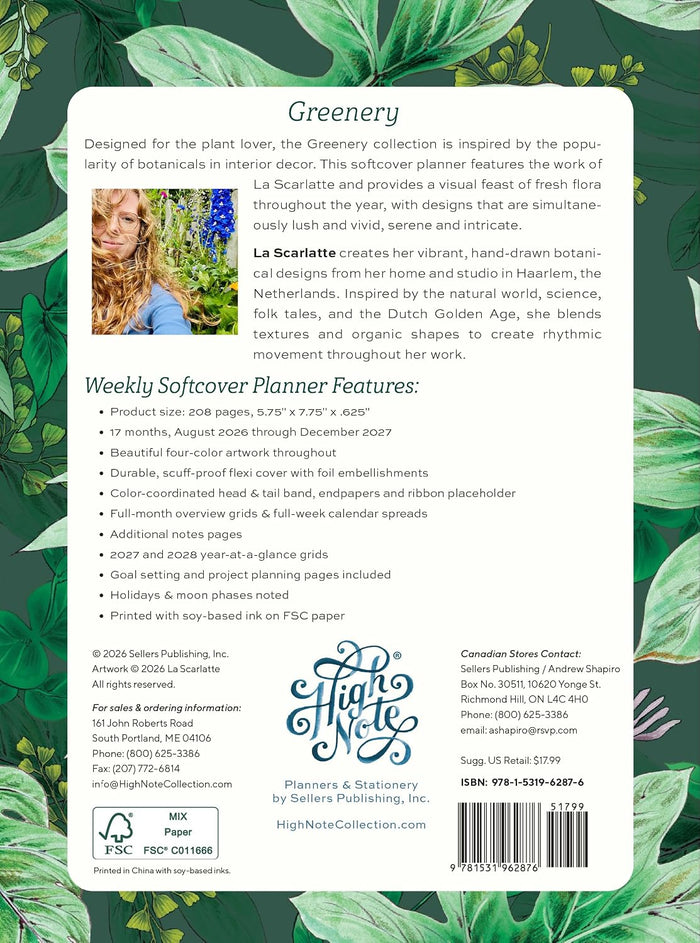 Back cover of a softcover planner titled 'Greenery' from the Planners & Stationery High Note Collection, featuring a white central information panel with text, a botanical illustration, and a blue decorative logo on a green illustrated background.