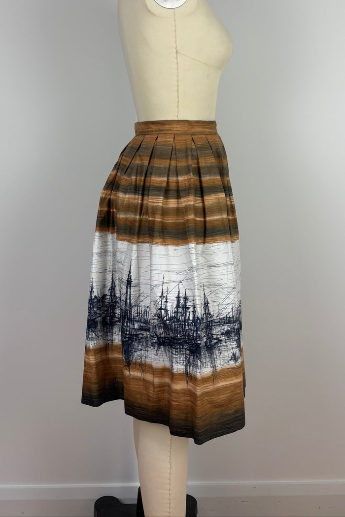 1950s Harbour Sketch Pleated Skirt