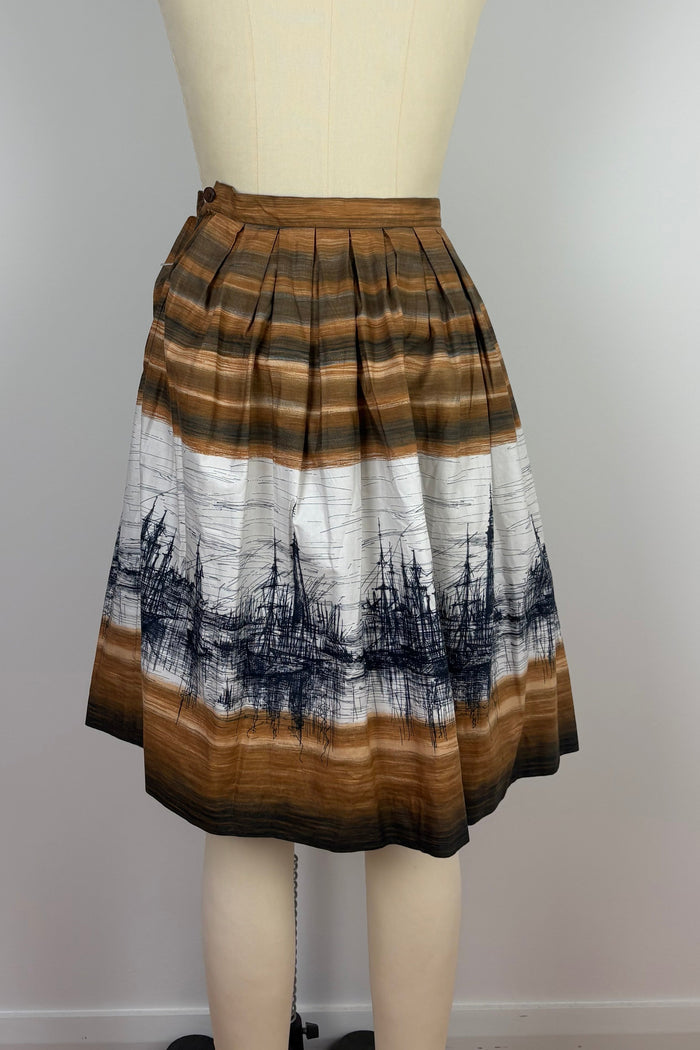 1950s Harbour Sketch Pleated Skirt