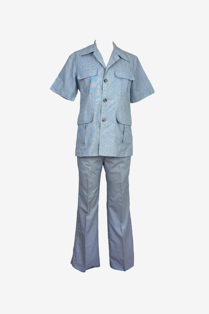 1960s Imperial Pale Blue Stripe 2 Piece Safari Suit