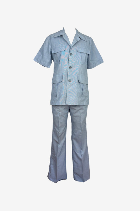 1960s Imperial Pale Blue Stripe 2 Piece Safari Suit