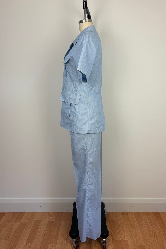 1960s Imperial Pale Blue Stripe 2 Piece Safari Suit