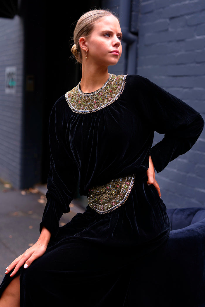 1980s Oscar De La Renta Black Velvet Rhinestone Two Piece Midi Dress image 0