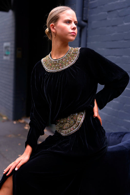 1980s Oscar De La Renta Black Velvet Rhinestone Two Piece Midi Dress image 0